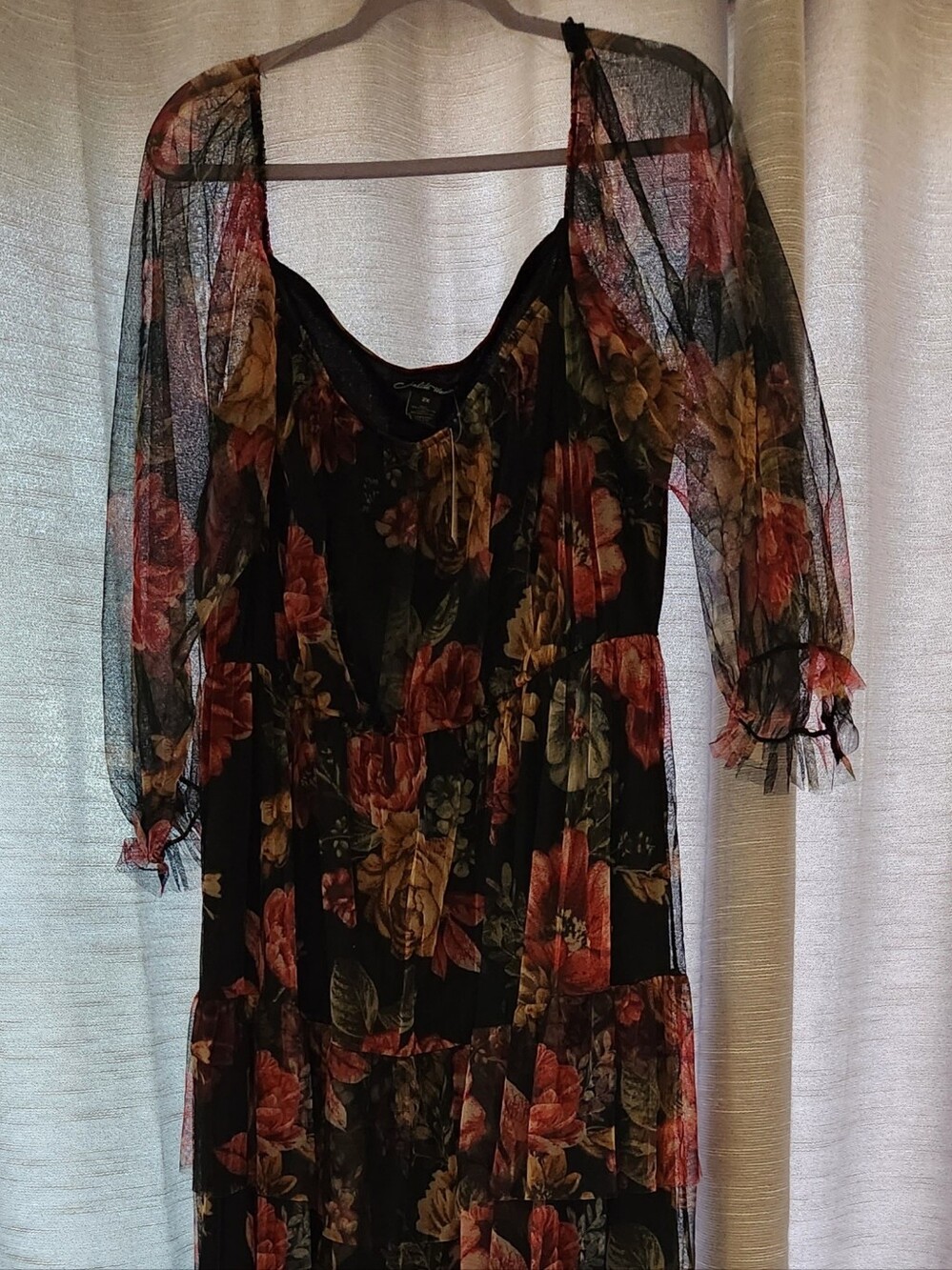 PLUS Size Tiered Sheer Floral Dress Long Sleeve- Black with Red & Green Floral - Picture 5 of 5
